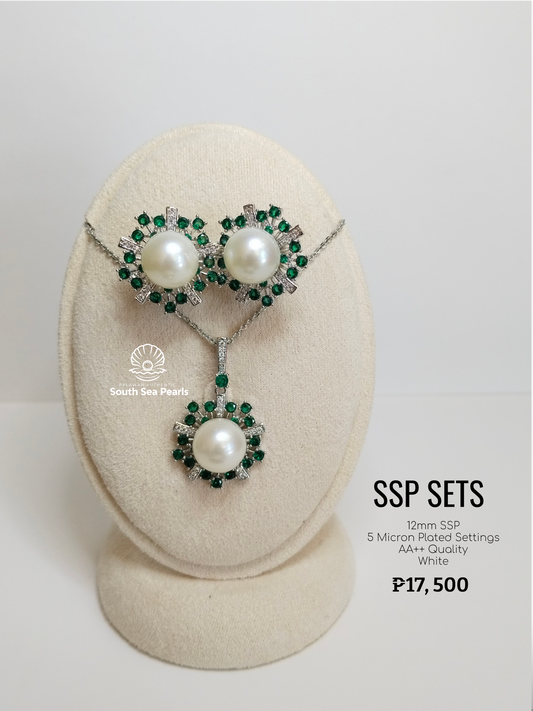 12mm Palawan Authentic White Color South Sea Pearl Sets in 5 Micron Plated Settings
