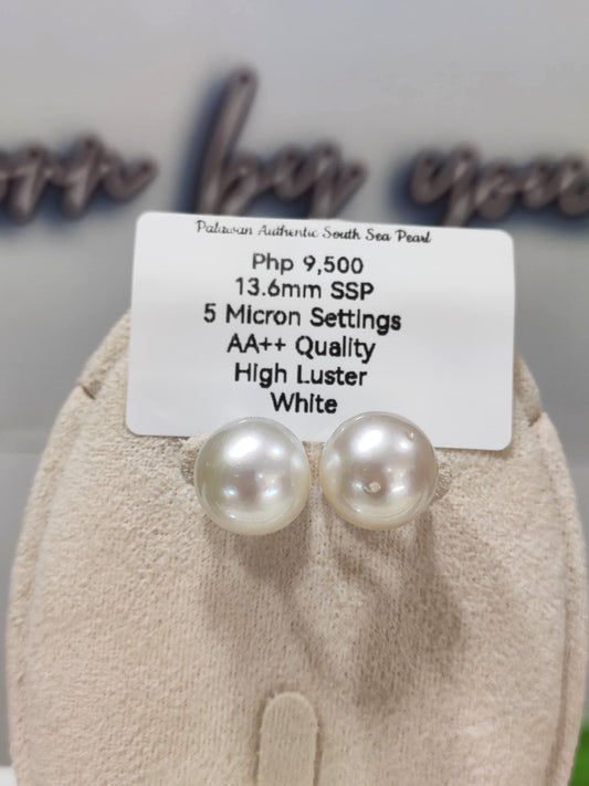 13.6mm Authentic White South Sea Pearls Earrings in 5 Microns Plated Settings